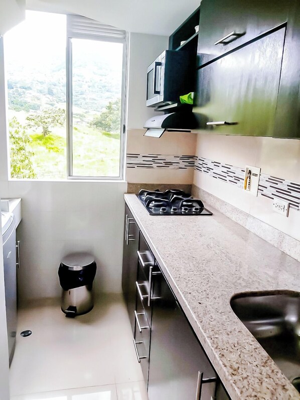 Una cocina con estufa a gas, un lavamanos y una ventana con vistas a un paisaje verde.
