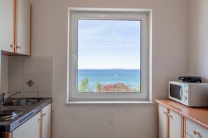 Kühlschrank, Mikrowelle, Herdplatte, Wasserkocher mit Kaffee-/Teezubehör