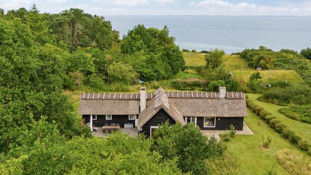 Une maison à toit de chaume, entourée d’une végétation luxuriante et donnant sur une étendue d’eau.