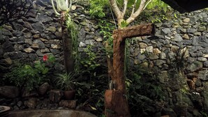 A stone wall with a rustic wooden structure, potted plants, and a stone basin. - Kailash Lodge  (Tejakula)