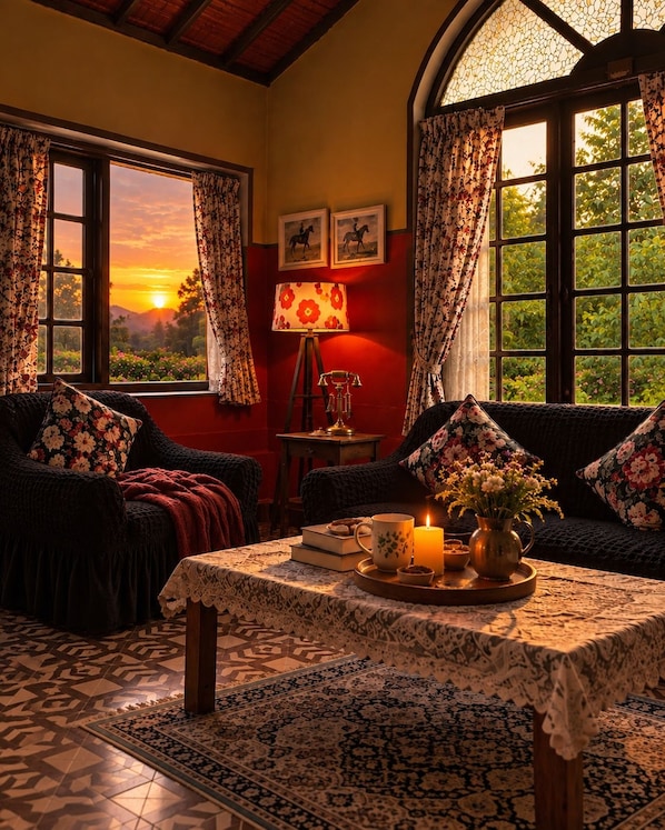 A cozy room with a sofa, a table with a candle, and a view of the sunset through the window. - La Address Retreat (Ootacamund)