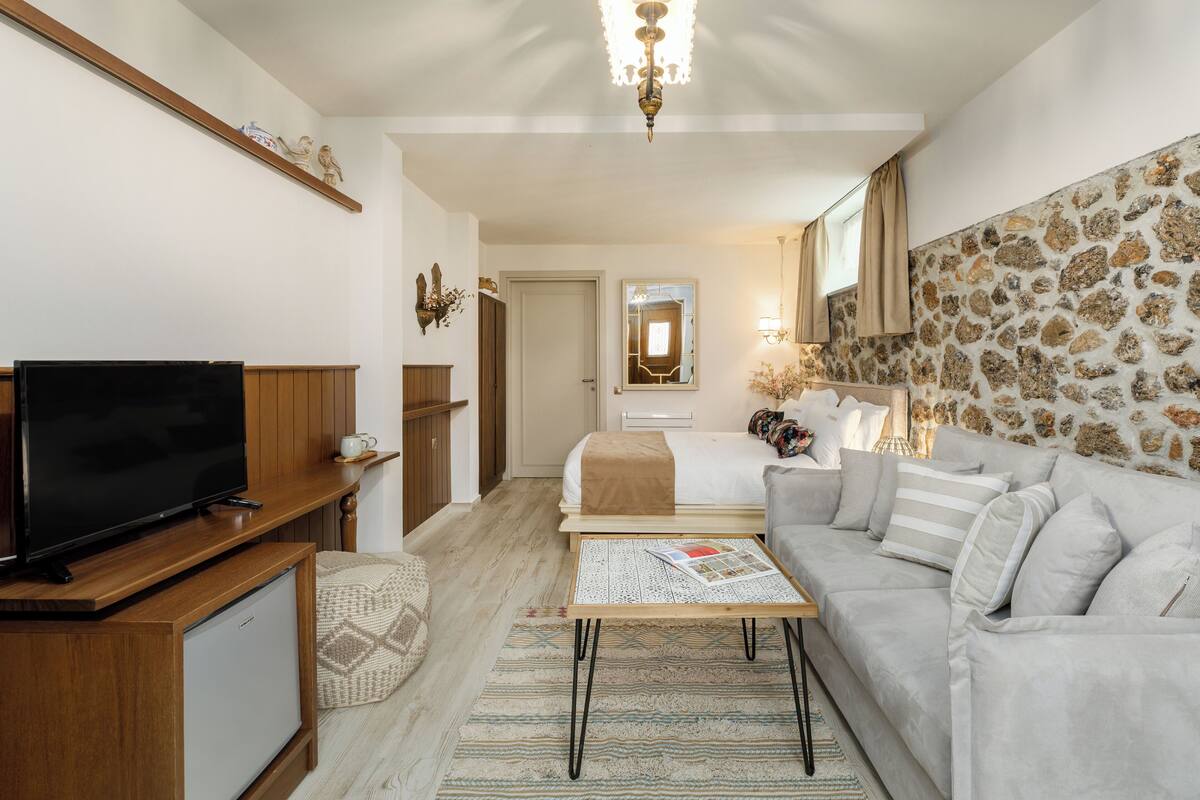 A modern hotel room with a television, a small refrigerator, a sofa, a coffee table, and a stone accent wall.