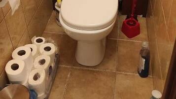 Une petite salle de bain avec des toilettes, un rouleau de papier toilette, une serpillière rouge et une bouteille de produit nettoyant.