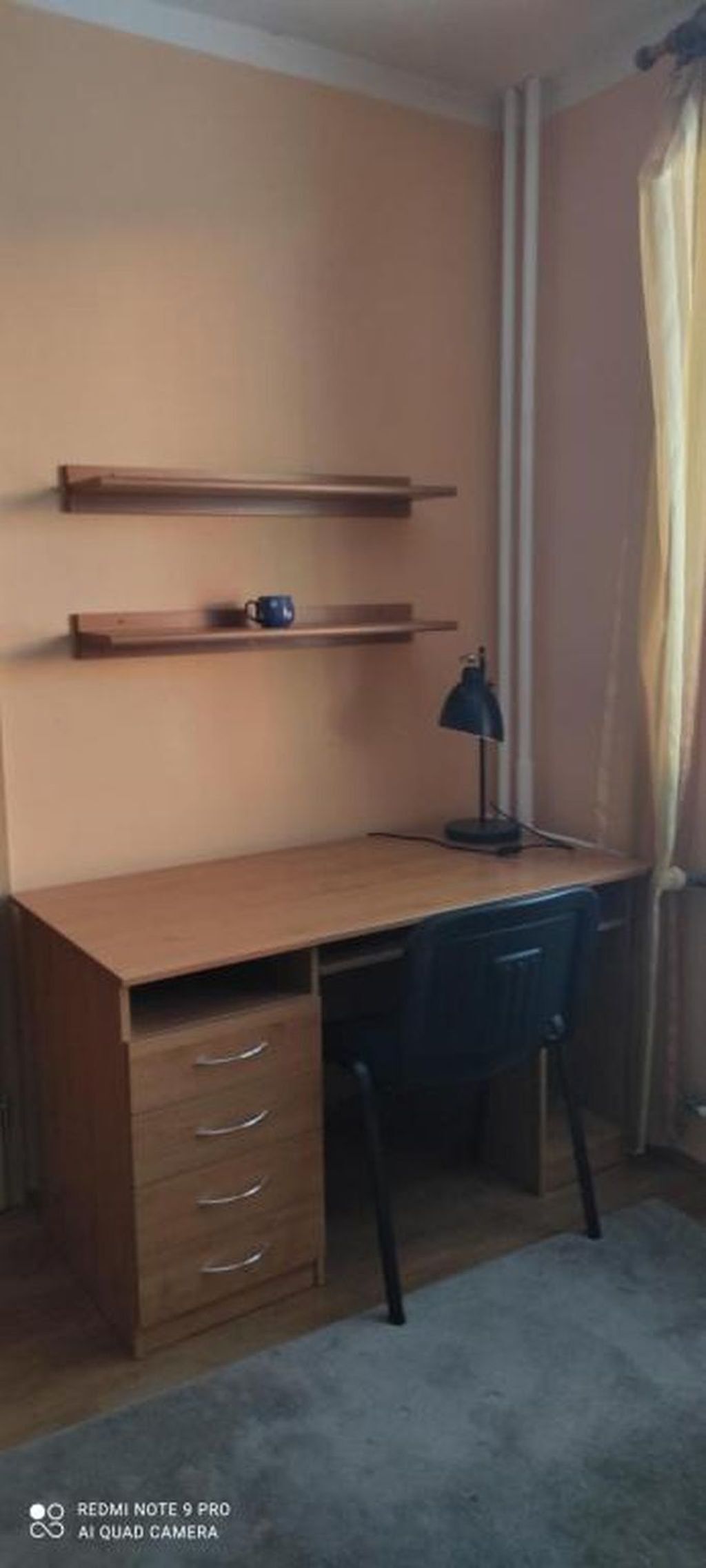 Una sala de estudio con un escritorio, dos estanterías, una silla y una lámpara.