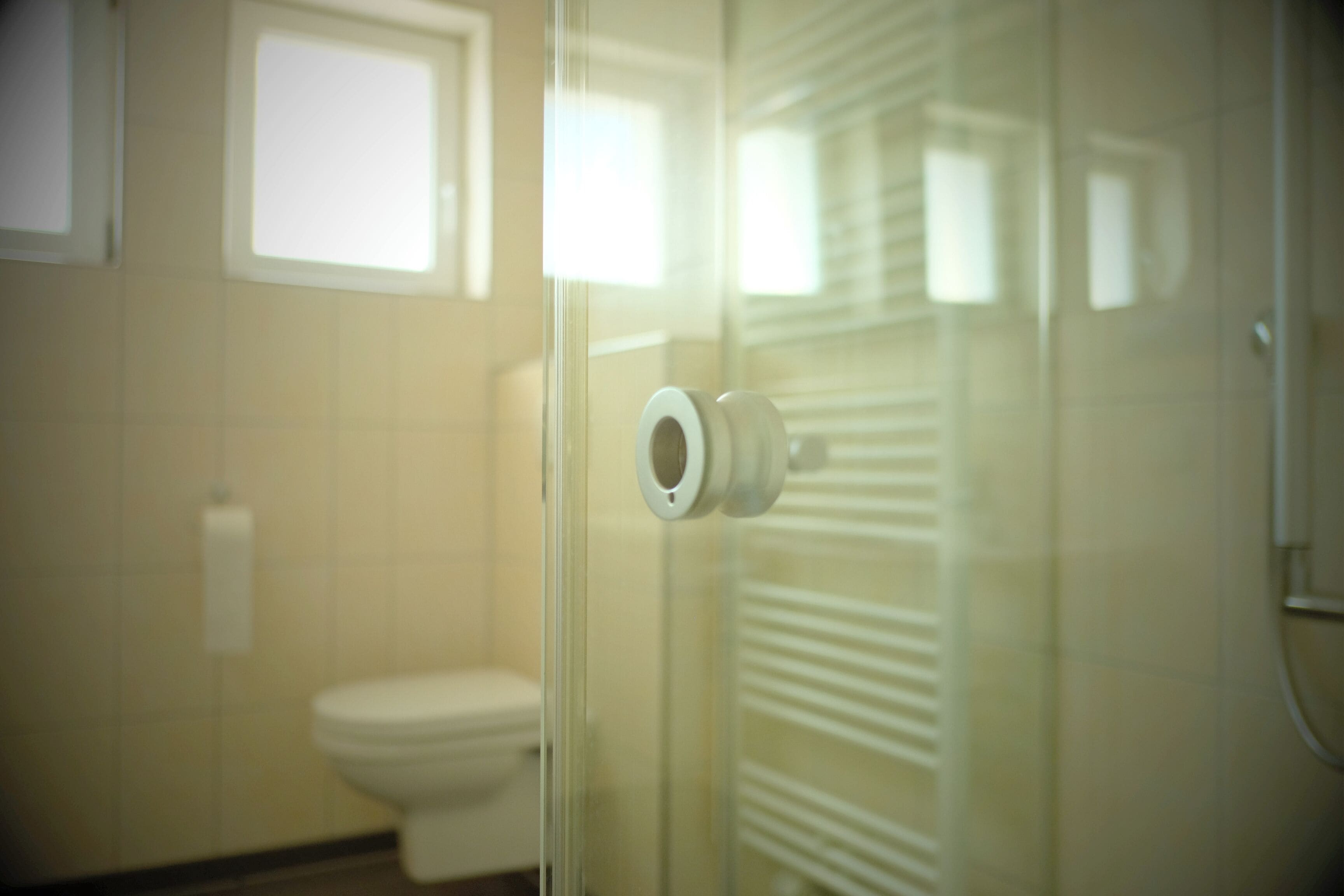Dusche, umweltfreundliche Kosmetikartikel, Haartrockner, Handtücher