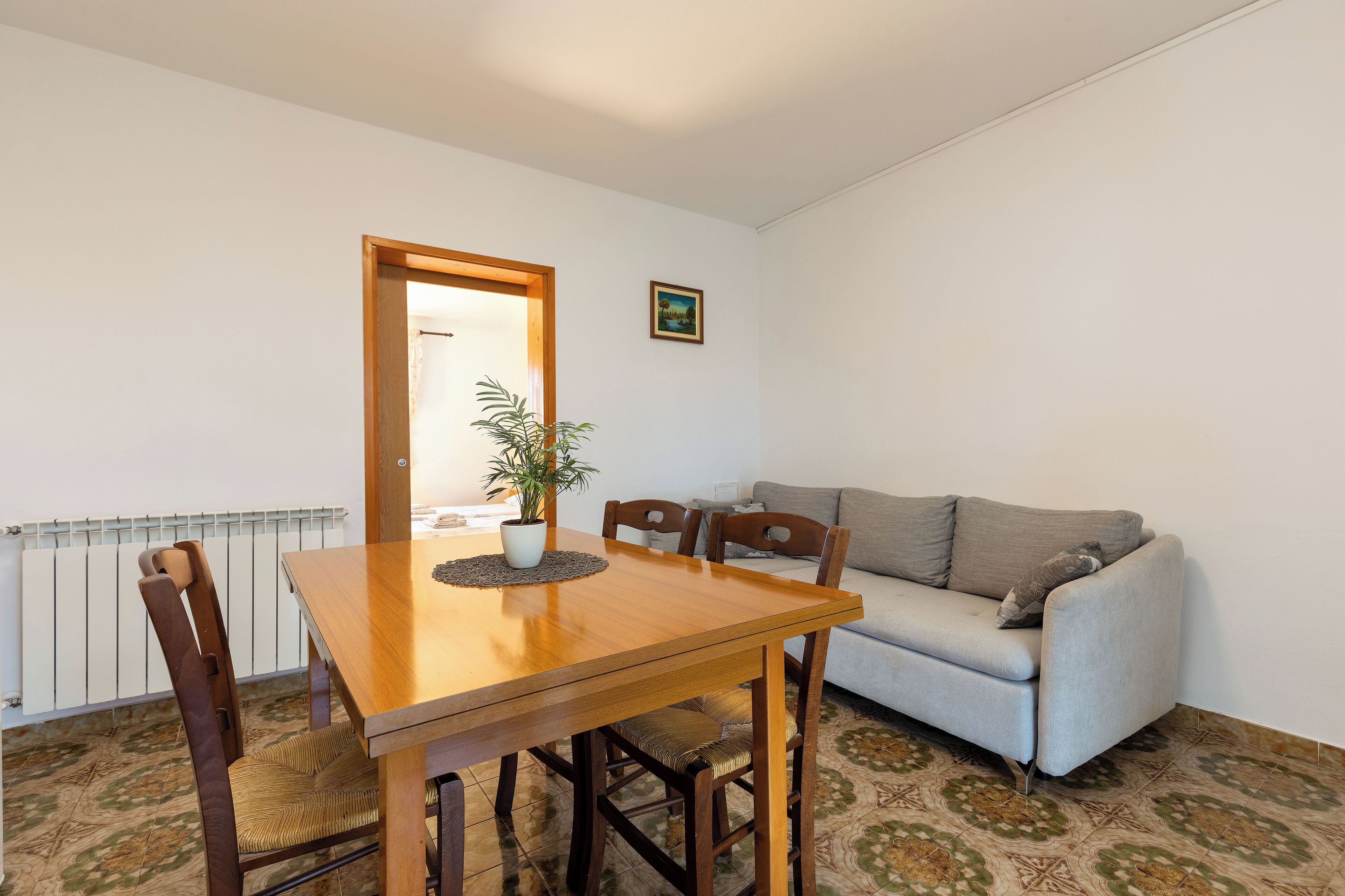 A dining area with a wooden table and chairs, a potted plant, and a grey sofa.