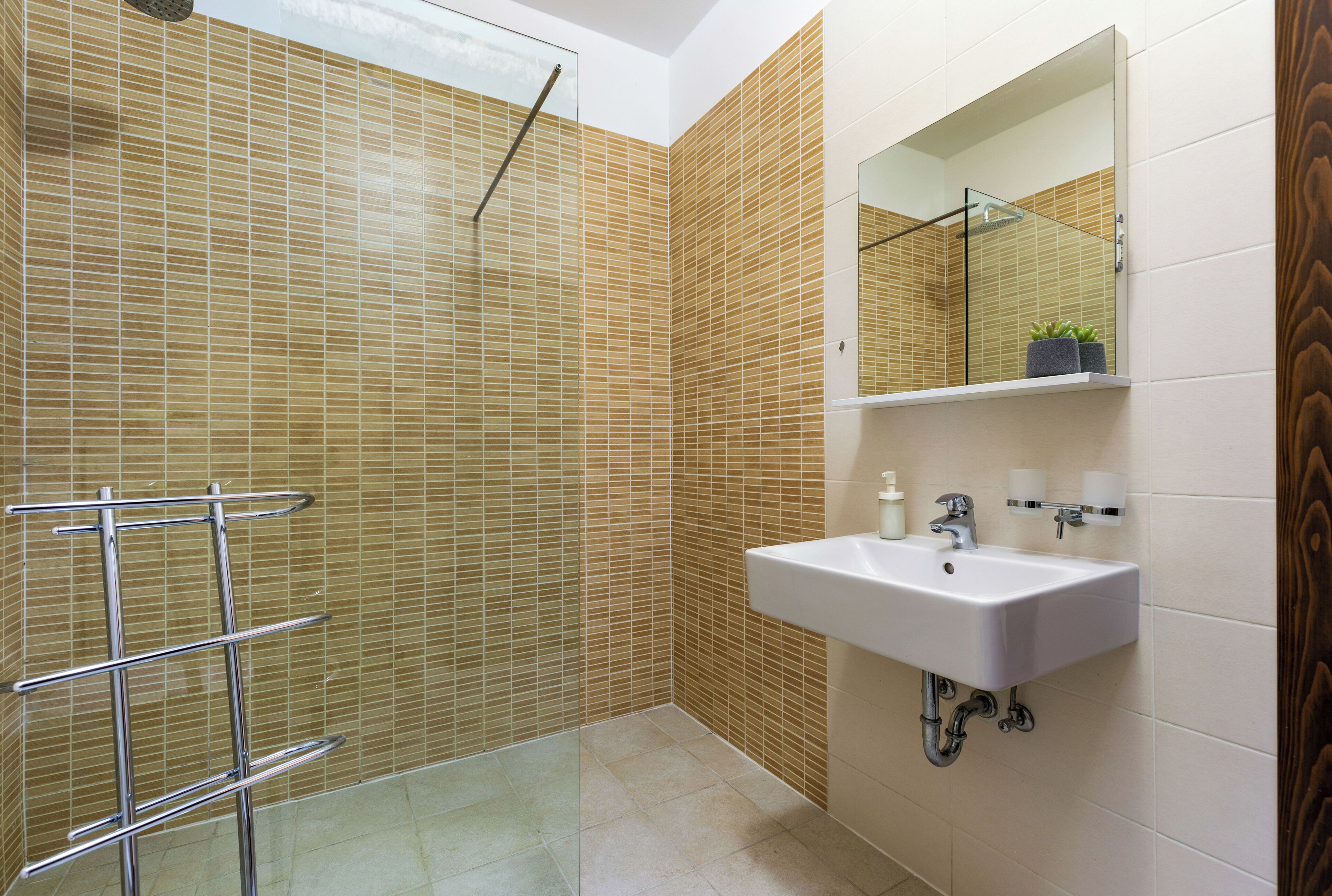 A bathroom with a shower, a sink, and a mirror.