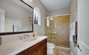 Hair dryer, towels, soap, shampoo