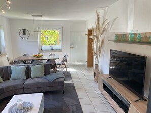 Téléviseur, lecteur de DVD, table de baby-foot, livres