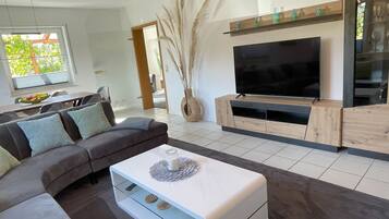 TV, DVD player, foosball, books