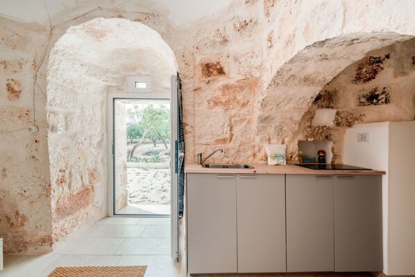 Kühlschrank, Herdplatte, Wasserkocher mit Kaffee-/Teezubehör