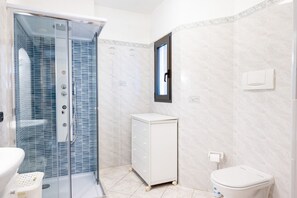 Shower, hair dryer, bidet, towels