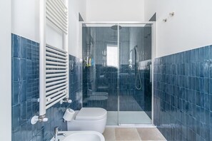 Shower, hair dryer, bidet, towels