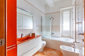 Shower, hair dryer, bidet, towels