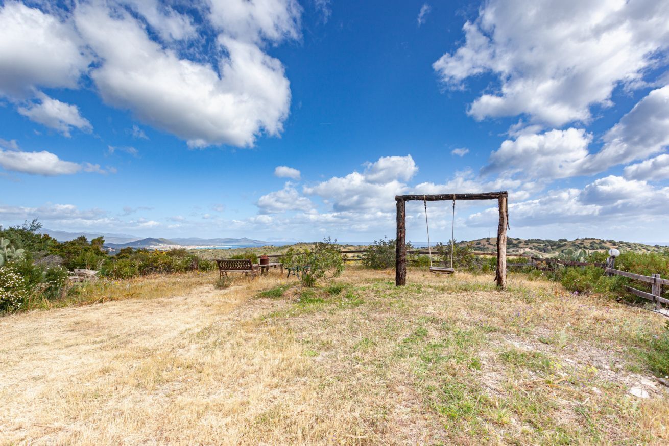 A swing set in a grassy field with a clear blue sky.