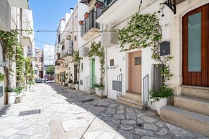 A narrow street lined with traditional buildings, stone pavement, and potted plants. - Il Vico 7 Ostuni by Rentbeat (Ostuni)