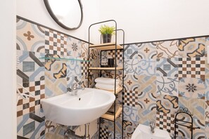 Shower, hair dryer, bidet, towels