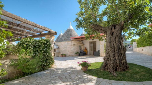 A stone building with a conical roof, a pergola, and a large tree in a courtyard. - Il Lilla by Rentbeat (Locorotondo)