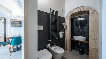 Shower, hair dryer, bidet, towels