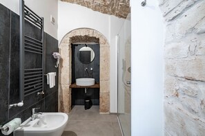 Shower, hair dryer, bidet, towels