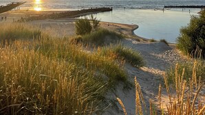 A beach scene with a sunset, sandy shore, and grassy dunes.