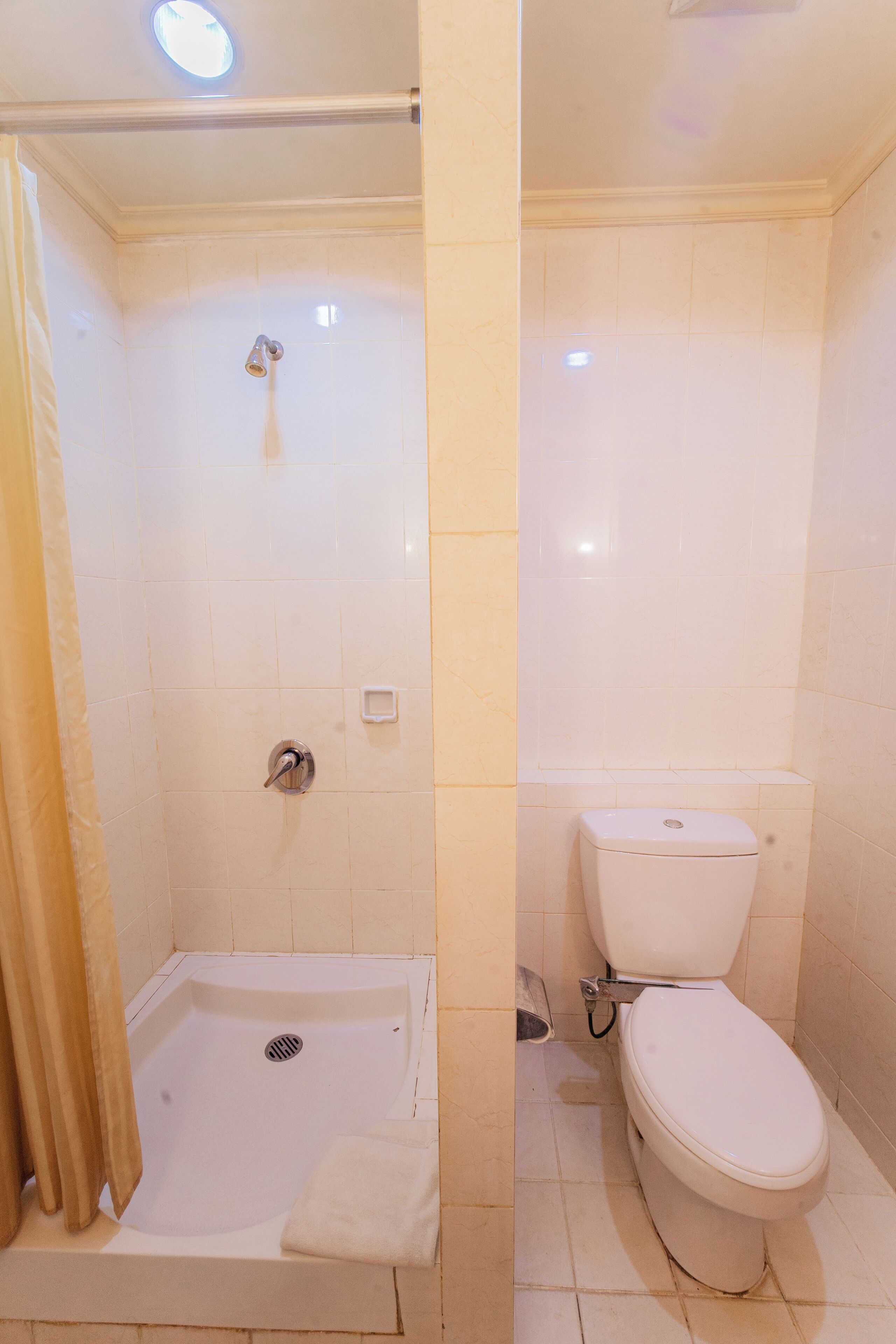 A bathroom with a shower, toilet, and a small sink.