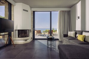 Luxury Villa, 3 Bedrooms, Sea View | Living area | TV, fireplace - Terra Petra Villa - The Seafront Retreat (Zakynthos)