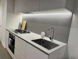 A modern kitchen with a built-in gas stove, a stainless steel sink, and a compact oven.