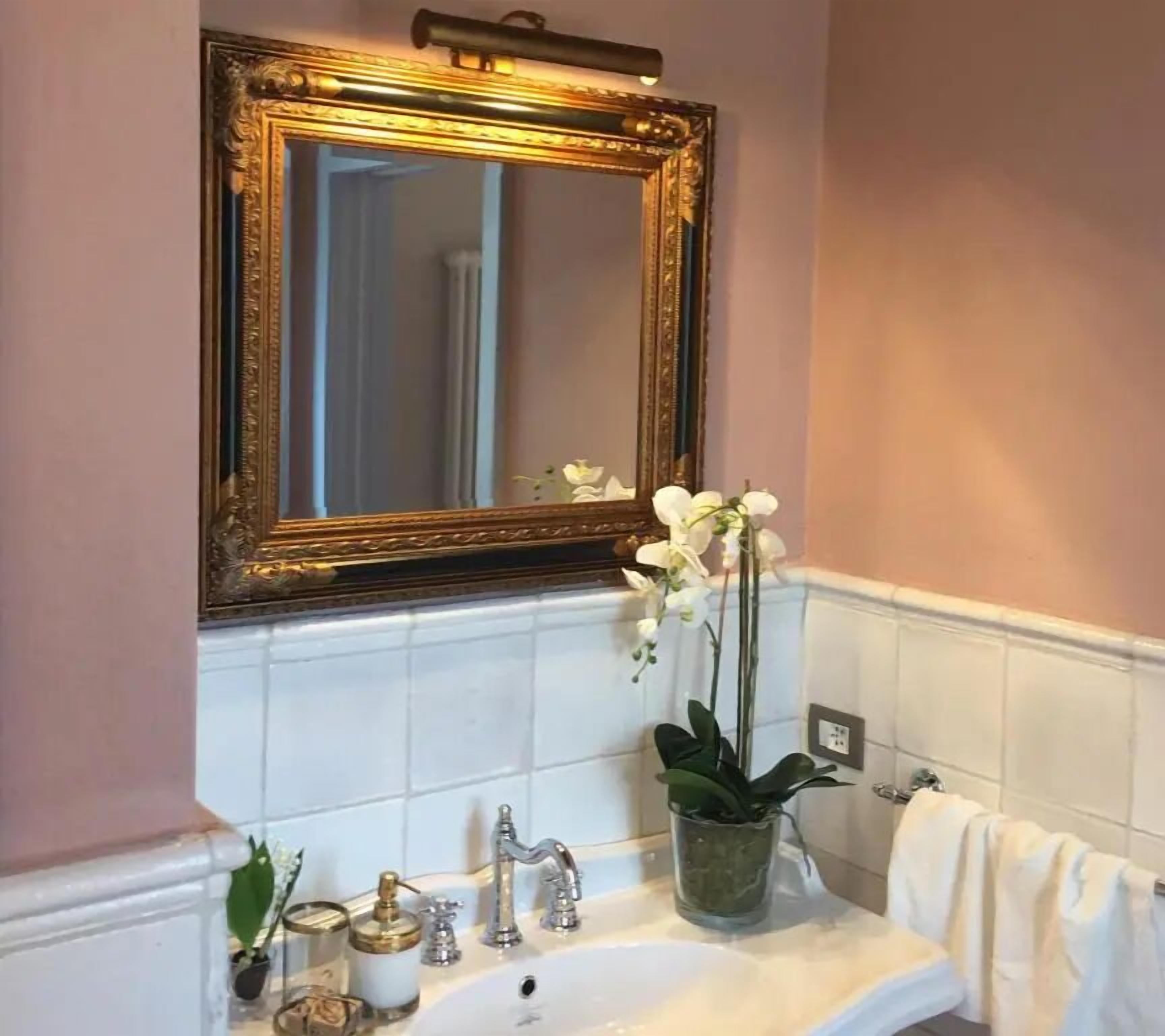 Un baño con un lavabo blanco, un espejo con marco dorado y una orquídea en maceta.
