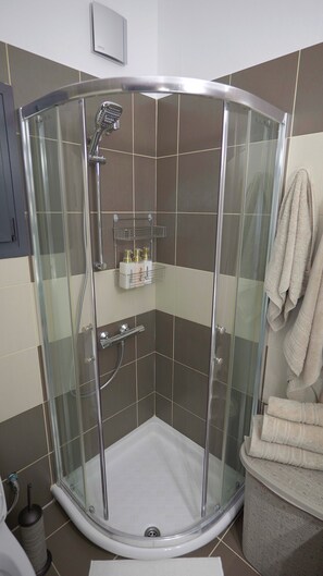 Hair dryer, towels, soap, shampoo