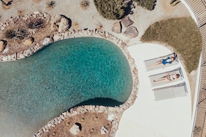 Vue aérienne d’un espace piscine avec une eau cristalline, entouré de rochers et de plantes.