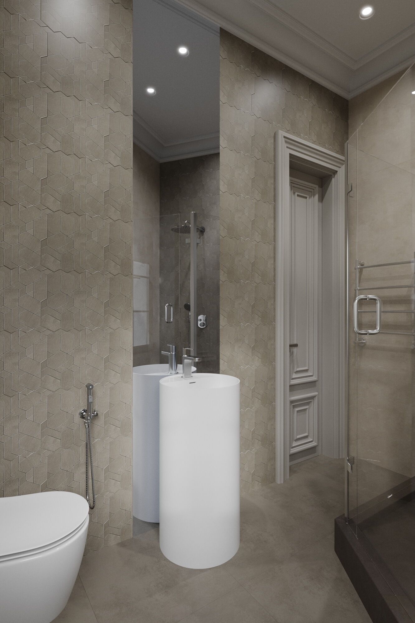 Une salle de bain moderne dotée d’une grande baignoire, de deux lavabos et d’un espace douche.