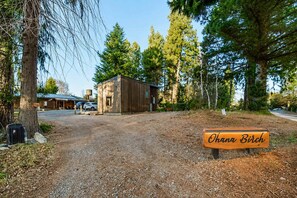 Un chalet rustique avec une allée en gravier, entouré de grands arbres et sous un ciel dégagé.