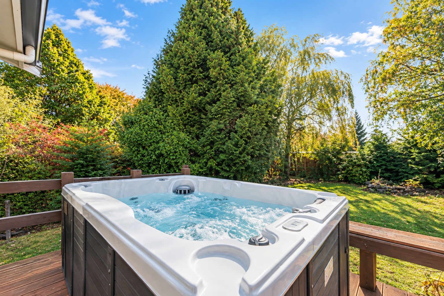 Un bain à remous sur une terrasse en bois, avec vue sur un jardin luxuriant et de grands arbres.
