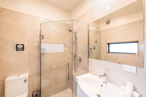 Un baño moderno con ducha envuelta en vidrio, un lavamanos blanco y un inodoro.