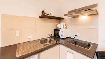 A kitchenette with a stainless steel sink, a microwave, a toaster, and a built-in range hood.