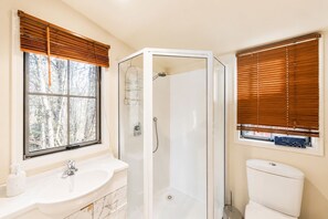 A bathroom with a glass-enclosed shower, a sink with a marble countertop, and a toilet.