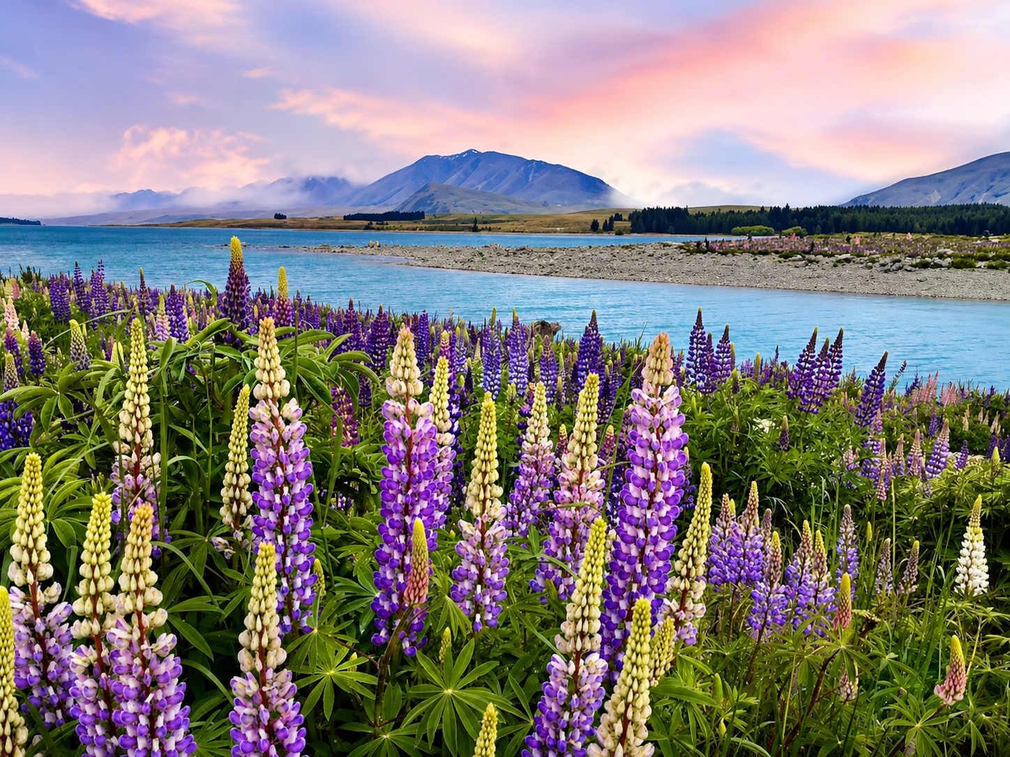 A field of lupine flowers in front of a lake with mountains in the background.