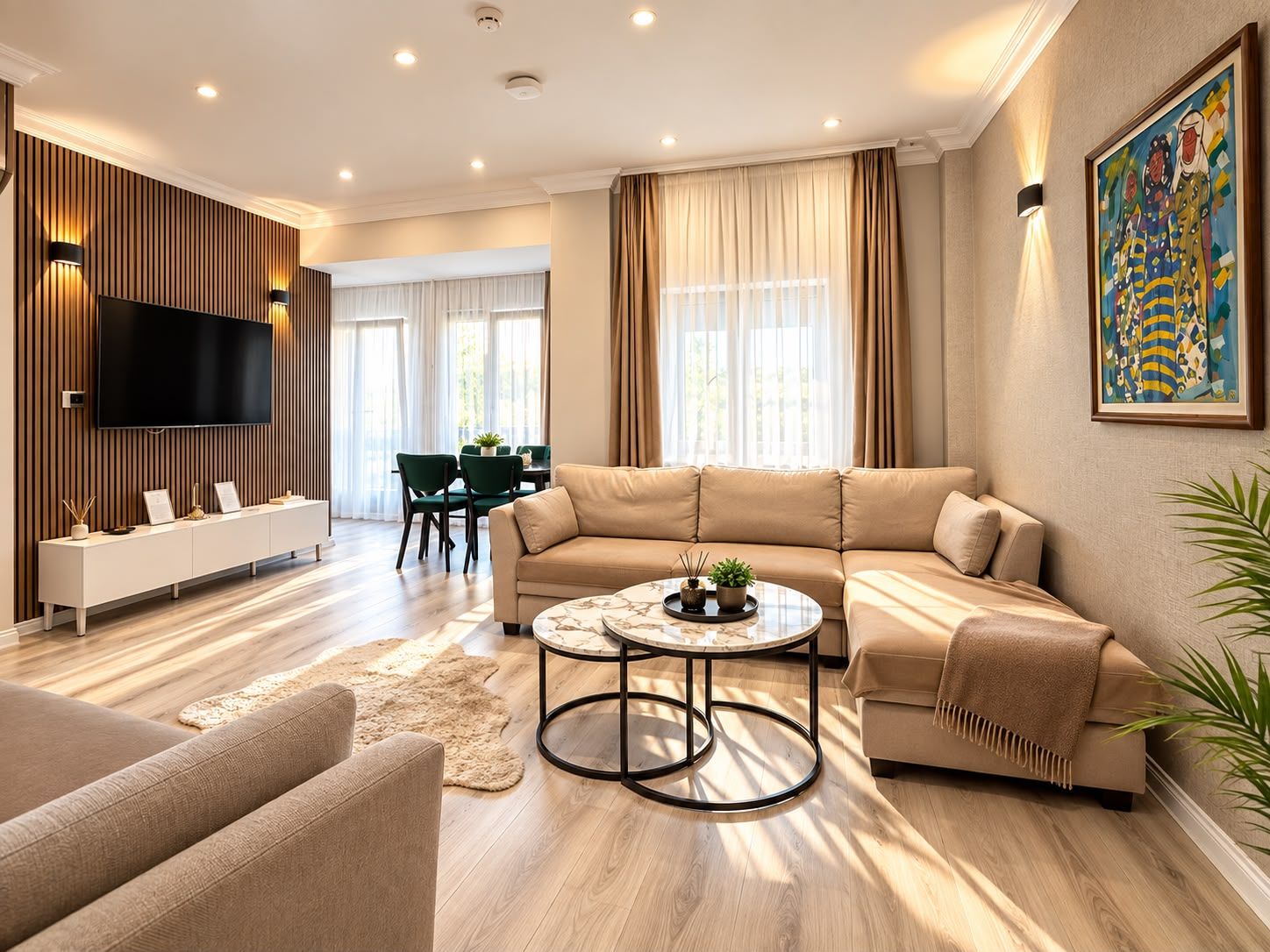 A modern living room with a sofa, a coffee table, and a TV mounted on the wall.