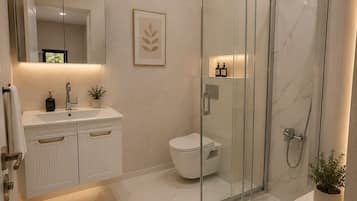 Een douche, een haardroger, badjassen, pantoffels