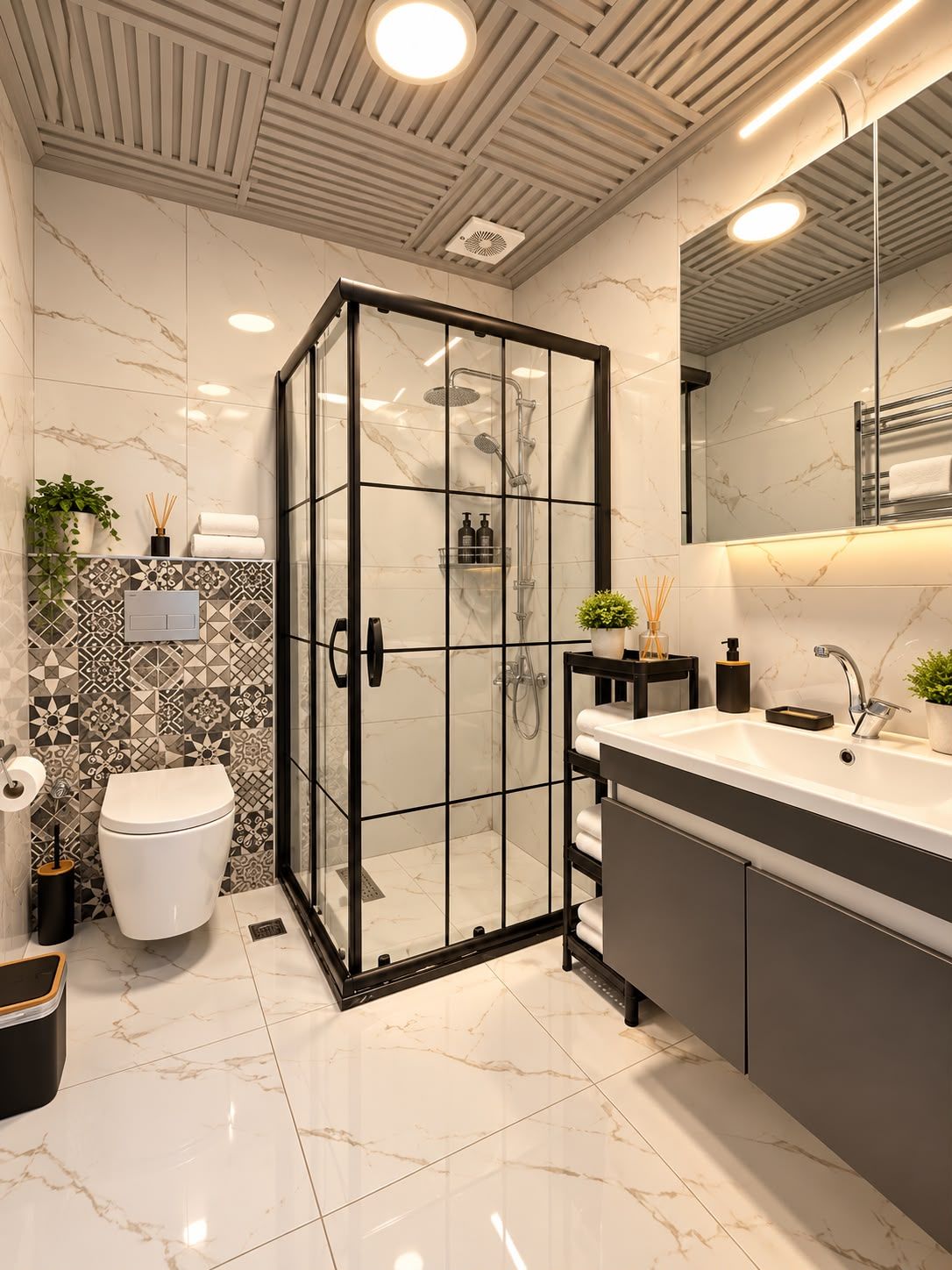 Et stilfuldt badeværelse med en brusekabine i glas, toilet og et spejl over vasken.