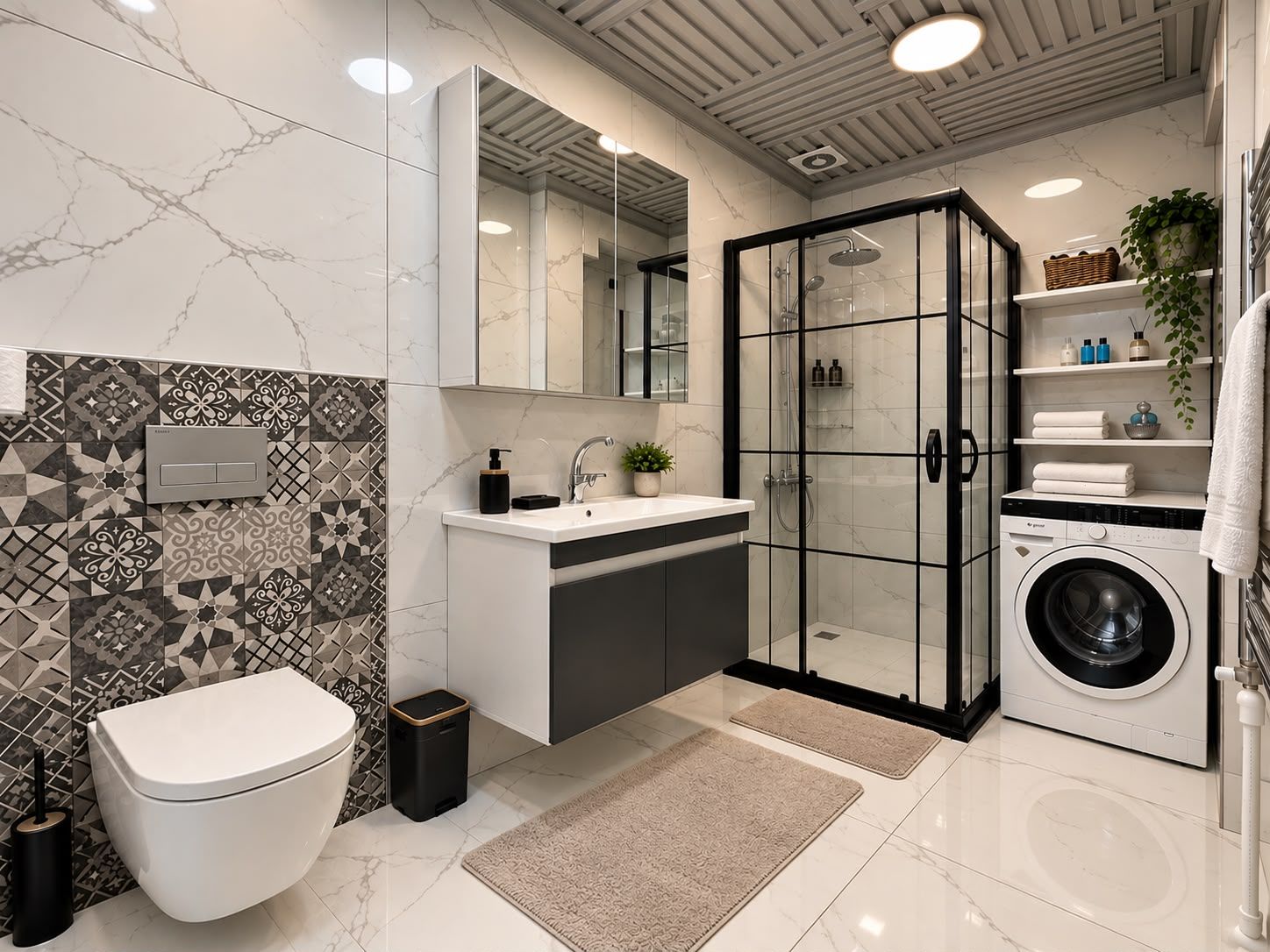 A modern bathroom with a toilet, sink, shower, and washing machine.