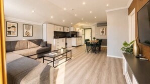 A modern apartment with a living room, dining area, kitchen, and a TV mounted on the wall.