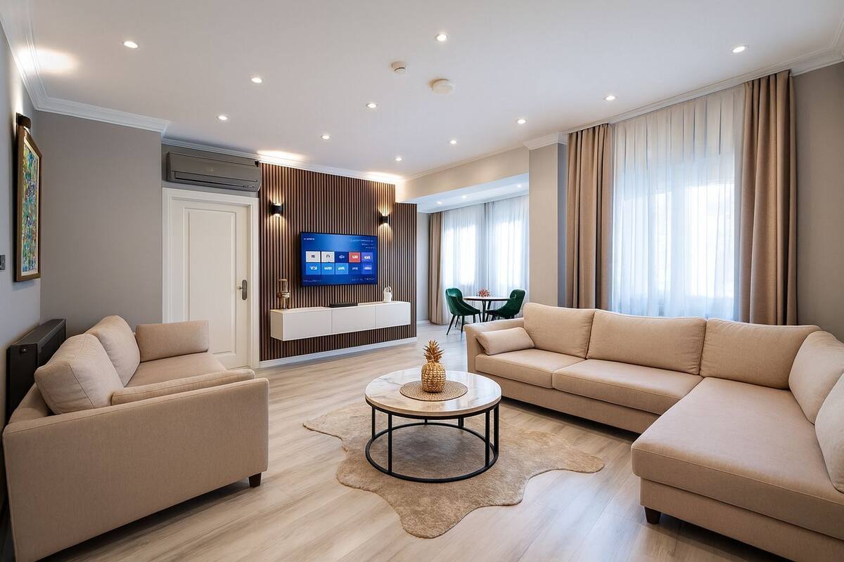 A modern living room with a beige sofa, a round coffee table, and a flat-screen TV mounted on a wooden panel wall.