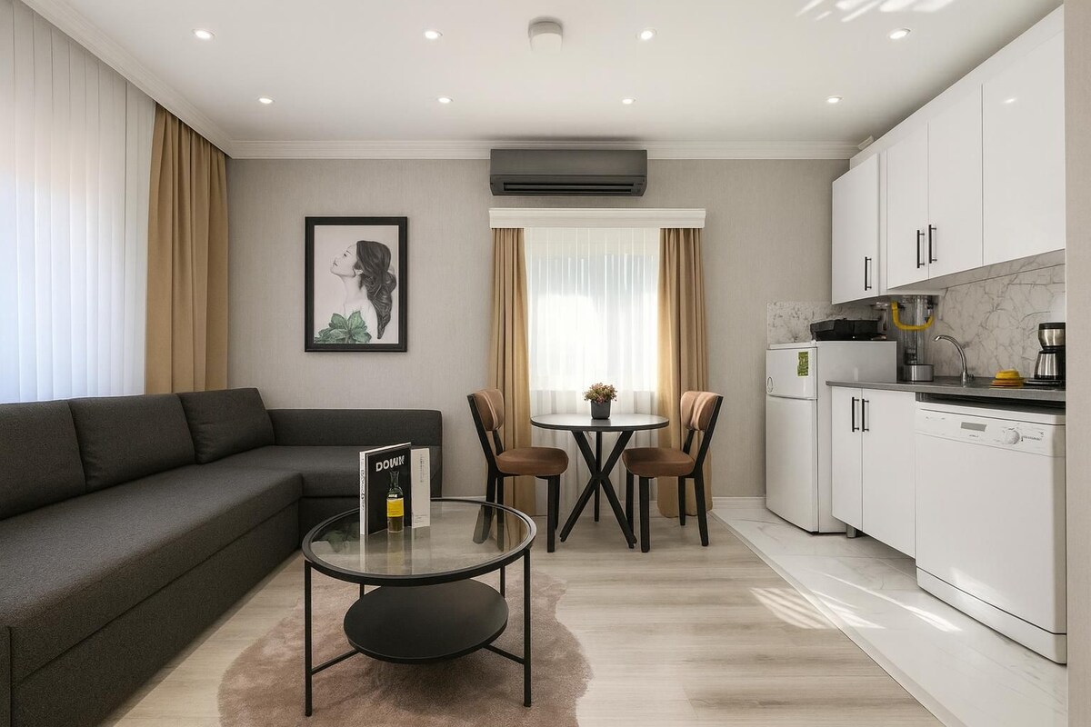 Design Apartment, 1 Bedroom, Kitchen | Living area | 140-inch Smart TV with satellite channels