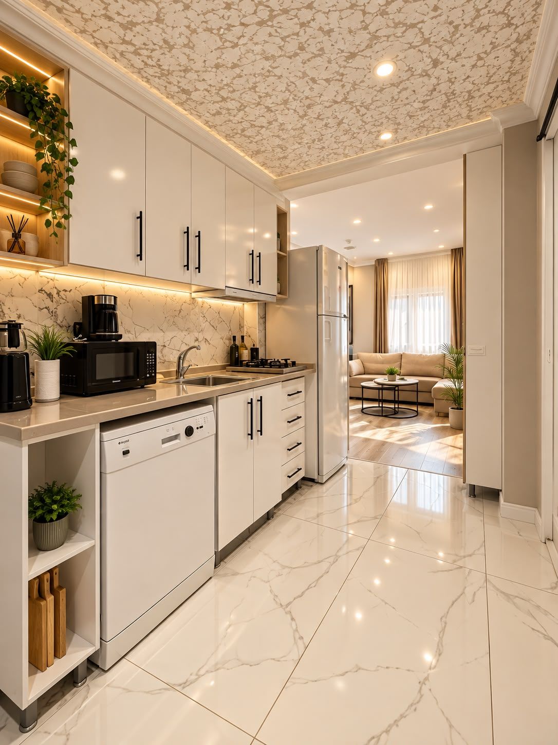 A modern kitchen with white cabinetry, a built-in dishwasher, and a refrigerator.