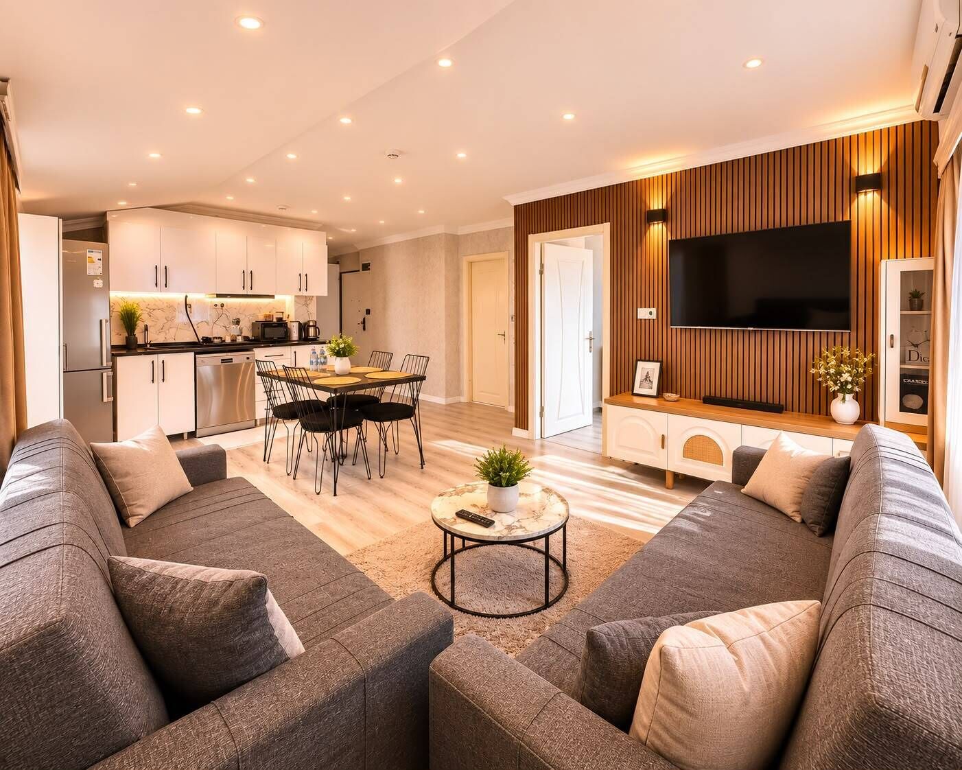 A modern living room with a grey sofa set, a dining area with a table and chairs, a flat-screen TV mounted on a wooden wall, and a kitchen in the background.