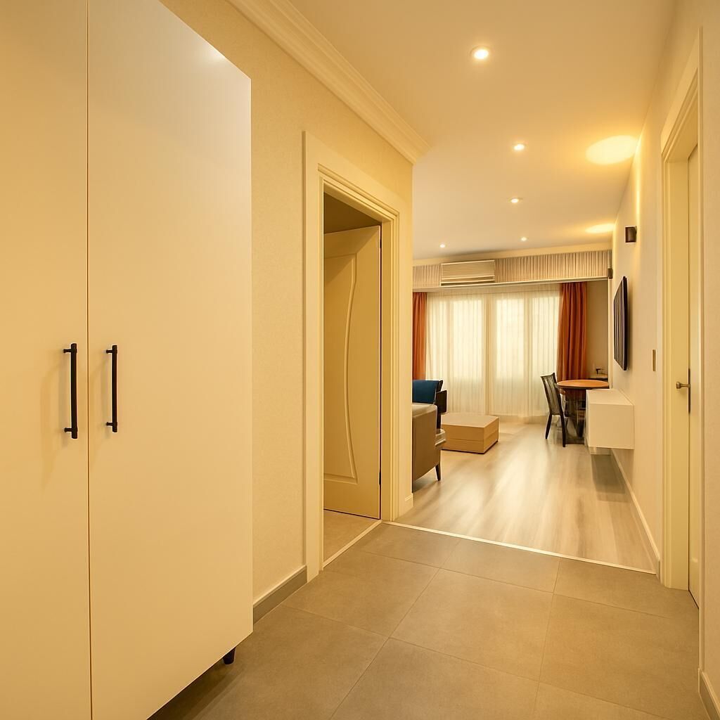 A hotel room with a large wardrobe, a dining area with a table and chairs, and a window with curtains.