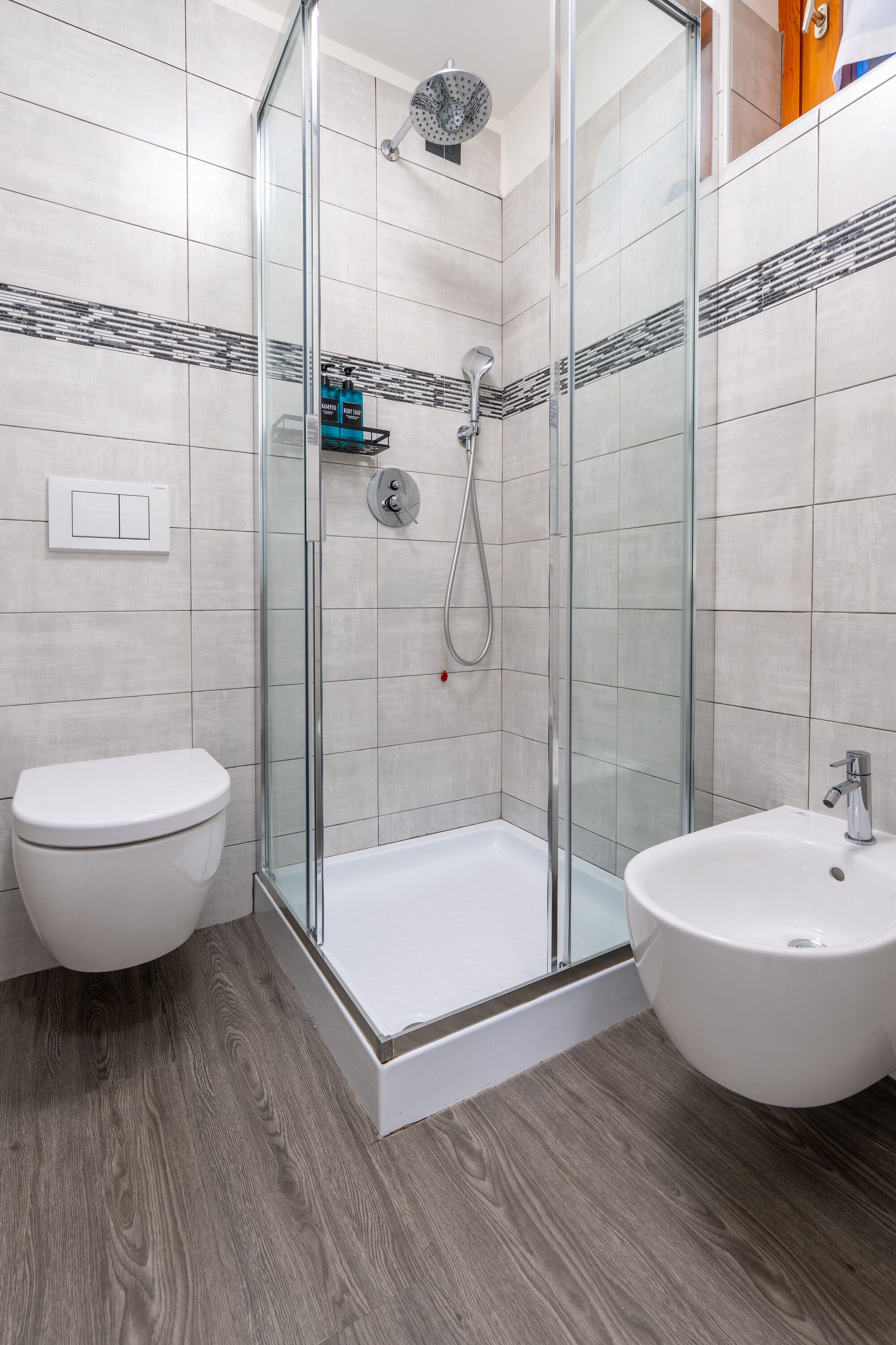 Shower, free toiletries, hair dryer, bidet