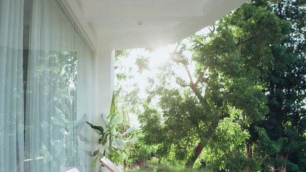 A modern outdoor lounge area with two wooden lounge chairs and a table, surrounded by large glass windows and a view of a lush garden.